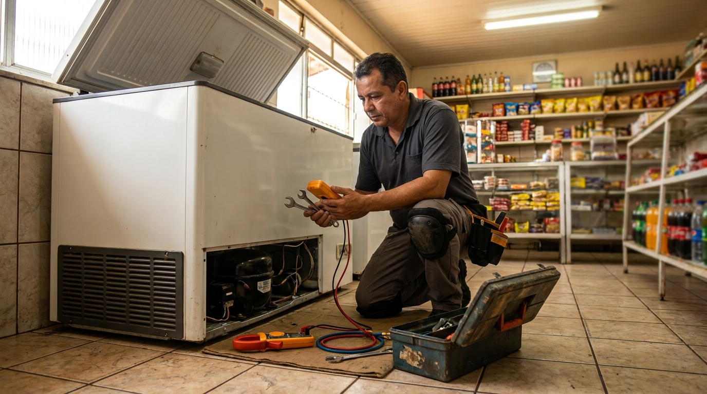 Técnico realizando manutenção de motor de freezer em Taubaté‑SP