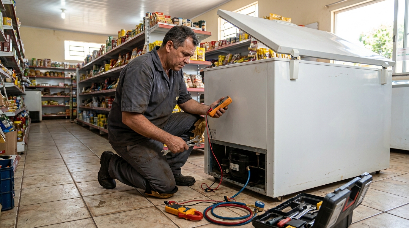 Troca de termostato de freezer em atendimento técnico em Taubaté‑SP